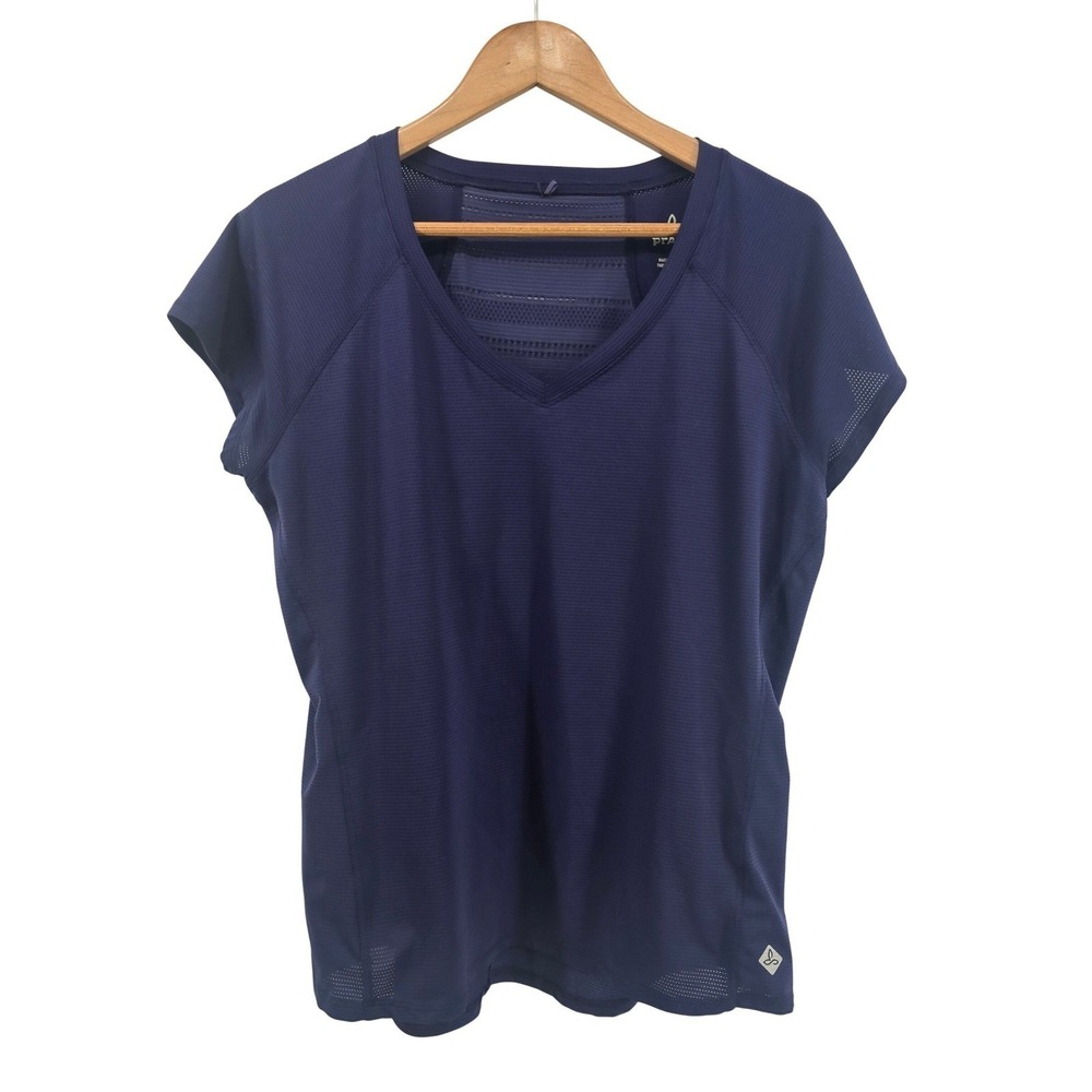prAna Top Womens L V-Neck Short Sleeve Blue Perforated Mesh Back EUC